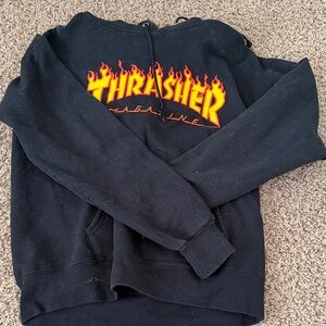 Thrasher Black Hoodie with Yellow-Orange Flame Logo